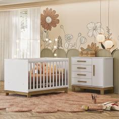 Quarto de Bebê Qencanto Slim com Cômoda 4355 e Berço Mini Cama 4315 Qmovi Branco Acetinado