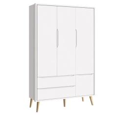Guarda Roupa Infantil Theo 3 Portas Branco Acetinado com Pés Madeira Natural - Reller
