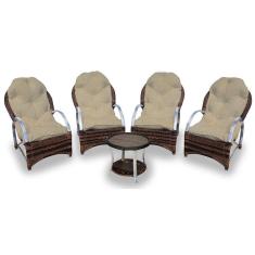 Conjunto de Poltronas Fibra Sintética Paris Alumínio 4 Poltronas + 1 Mesa Centro Tecido Duna Deserto