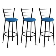 Kit 3 Banquetas Alta Preta com Encosto Assento Azul Jaddi