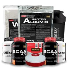 Kit Whey 500g + Albumin 500g + 2x BCAA 100g + 2x Creatina 100g + Coq + Porta Cáps - Bodybuilders-Unissex
