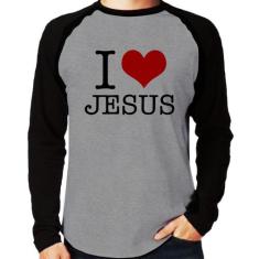 Camiseta Raglan I Love Jesus Manga Longa - Foca na Moda, Cinza, Preto,