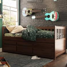 Bicama Reta Solteiro Castanho Escuro 3 Gavetas Madeira Pinus