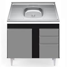 Balcão Gabinete Com Pia Inox 100cm 3 Portas 2 Gavetas Luziania Preto/Cinza - Lumil Móveis