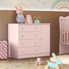 Cômoda Infantil 1 Porta 4 Gavetas Doce Sonho Rosa/Acetinado - Qmovi