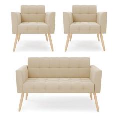 Kit 1 Sofá Namoradeira E 2 Poltronas Elisa Suede Bege Pés Palito Natur
