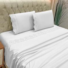 Jogo De Cama Lençol Bella King 4 Peças Micropercal 300 Fios Bordado Inglês Macio Branco 100% Poliéster