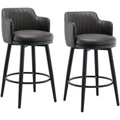 Banquetas De Bar Cinza Giratória Cadeira De Barra Conjunto De 2 Bancos Com Encosto Altura Do Balcão De Cozinha Com Braços, Assento Estofado Cromado Com Pedal De Couro Nappa, Para Bares, Cafés, Lou