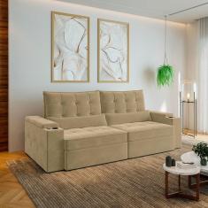 Sofá Retrátil e Reclinável com Porta Copos e Usb 4 Lugares 250cm Embaúba Extra Cabecasa Madeiramadei Palha Diamante