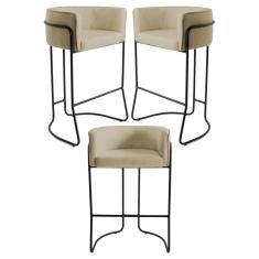 Kit 3 Banquetas Base Aço Preto Betina C-129 Linho Creme - Domi