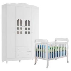 Berço Americano Lila e Guarda Roupa Infantil New Selena 4 Portas Branc