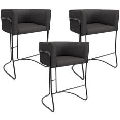Kit 03 Banquetas Baixa Base de Aço Preto Betina D02 Linho Cinza Escuro C-416 - Lyam Decor