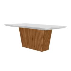 Mesa de Sala Jantar Luna c/ Tampo 180x90cm Madeirado Vidro Canto Curvo - Imbuia/Ripado 3D/Off White - Rufato