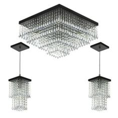 Kit 1 Lustre Cristal Acr Dream + 2 Pendentes Spark Preto - MARRYLUZ