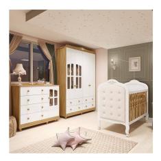 Quarto de Bebê Guarda-roupa e Cômoda com Janelas e Berço com Capitonê Maya Clássico Espresso Móveis Branco Brilho/Amêndoa/Branco