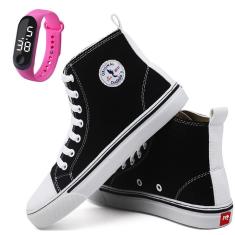 Kit Tênis Casual Feminino Cano Médio Liso + Relógio Digital-Feminino