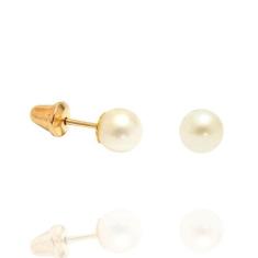 Brinco de Pérola Natural Infantil Bebê RN Em Ouro 18k 4mm - AGAPRIME J