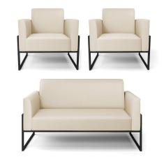 Sofá Namoradeira Com 2 Poltronas Base Industrial Alta Preto Marisa Corino Bege D03 - D\'rossi