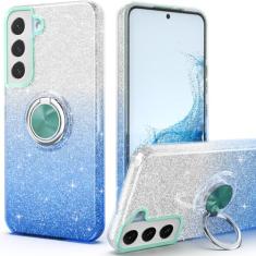 PeeTep Capa para Galaxy S22, Slim Fit Glitter Sparkly Case com suporte de anel de 360° Suporte magnético para carro capa protetora durável absorvente de choque para Galaxy S22 15.5 cm para meninas e