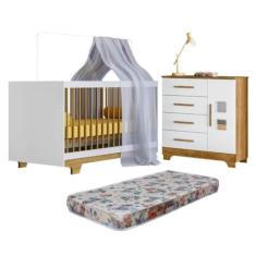 Quarto de Bebê com Berço Mini Cama com Colchão Flocos e Cômoda 4 Gavetas 1 Porta Fly 100% Mdf Branco/madeirado Ypê