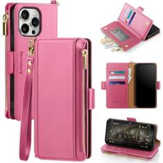 Antsturdy Capa carteira compatível com iPhone 16 Pro Max, capa de telefone de couro PU com bloqueio de RFID, mulheres, homens, suporte, alça de pulso, zíper, compartimentos para cartão de crédito para