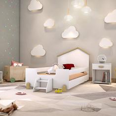 Cama de Criança Infantil Montessoriana com Escadinha Juvenil Ayla - Branca/natural