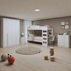 Quarto Infantil Com Beliche Olga Cômoda e Criado Baião e Guarda Roupa Alonzo Branco