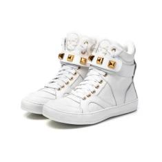 Tenis Sneaker Bawmi Cano Alto Unissex Branco Couro Com Metal Piramide,