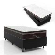Cama Box Solteiro + Colchão Paris Molas Ensacadas - 61x88x188cm - Couro Preto