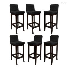 Kit 6 Banquetas Média de Madeira Maciça Nice com Encosto Matelassê Suede Preto CCS