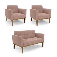 Namoradeira 2 Poltronas Base Madeira Fixa Cast Elisa Bouclê Rosê D03 - D`Rossi