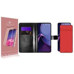 Capa Case  Carteira material sintético Preto + Película Cerâmica Fosca