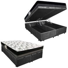 Cama Box Baú Casal Suede Bipartido + Colchão Ortobom Iso Dupla Face 60x138x188 preto