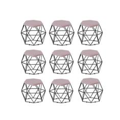 Kit 09 Puff Banqueta Aramado Mila Base Preta Hexágono Suede Rosê - DAM