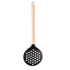 ESCUMADEIRA DE NYLON PRETA C/CABO DE AÇO INOX ROSÉ 34cm