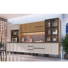 Cozinha Modulada 10 Peças Tampo Aéreo 3 Portas Balcão, Paneleiro Plátano Quiditá Montana/Fumê