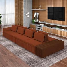 Sofá Ilha com Encosto e Almofadas Móveis Olimpo 465cm Modulado Linho/PU Terracota/Marrom G45 - Gran Belo