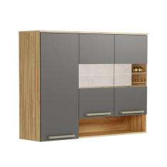 Armário Aéreo de Cozinha 120cm com 3 Portas Vidro Reflecta e Nicho 100