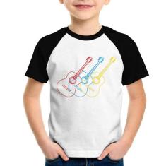 Camiseta Raglan Infantil Violão Cores - Foca na Moda, Branco, Preto, 1