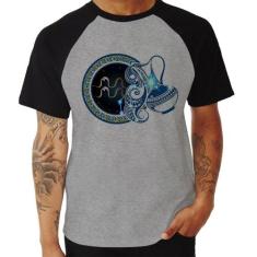 Camiseta Raglan Signo Aquário Astrologia - Foca na Moda, Cinza, Preto,
