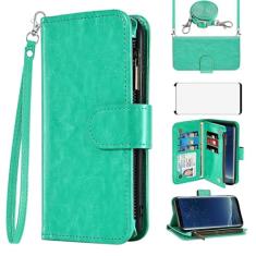 Asuwish Capa de celular para Samsung Galaxy S8 carteira com protetor de tela alça transversal flip zíper suporte para cartão de crédito de vidro temperado TPU slot suporte S 8 8S Edge SM-G950U