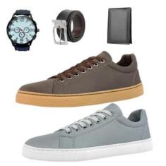Kit 2 Tênis E Cinza Casual +Carteira+Cinto+Relógio-Masculino