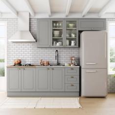 Cozinha Compacta 4 Peças com Balcão para Pia e Aéreo para Geladeira Americana Cinza/Nature