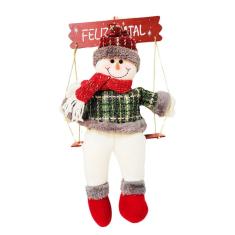 Boneco de Neve Pelúcia Sentado na Gangorra Madeira Rústica e Placa Feliz Natal 43cm - Master Christmas