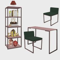 Kit Escritório Ravi 2 Cadeiras Suede Verde com 1 Mesa e 1 Livreiro Ferro Marrom mdf Rose Rosa - Ahazzo Móveis