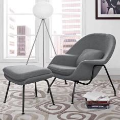 Poltrona Womb Chair Com Puff Base Preta Linho Cinza Cor Cinza