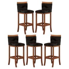 Kit 5 Banquetas Média Encosto Estofado 38x92 Cm Paris Madeira Maciça Castanho Suede Preto CCS