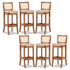 Kit 6 Banquetas Alta Portugal com Encosto Rattan Estofada Linho Bege M58 RMI