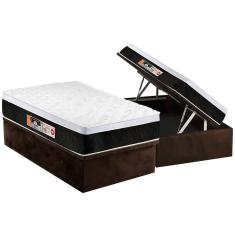 Cama Box Baú Solteiro: Colchão Espuma Castor D45 Black e White Air Euro Pillow + Base CRC Suede Brown(88x188)