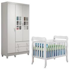 Berço Americano Lila e Guarda Roupa Mariah 3 Portas Branco Brilho  Car